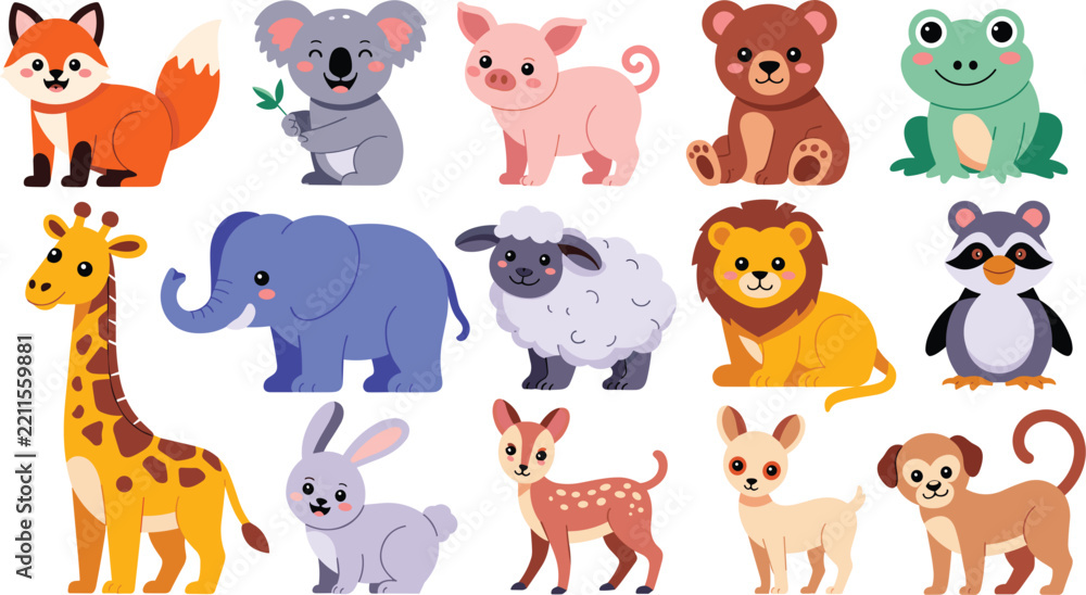 Obraz premium Cute Baby Animal Vector Set Featuring Cartoon Fox, Koala, Giraffe, Elephant, Lion, and Bear Characters for Nursery Wall Art and Kids Educational Designs