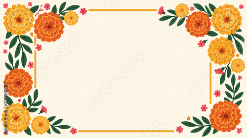 National hispanic heritage month colorful design with floral marigold elements clusters of orange and yellow marigolds with green leaves and small pink flowers framing a clear center on