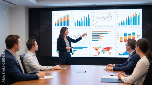 Businesswoman presenting financial data charts on large screen to colleagues in meeting room.