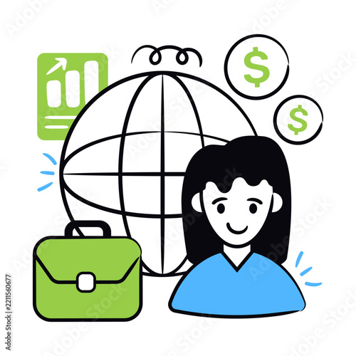 Colored line design icon of global businesswoman 
