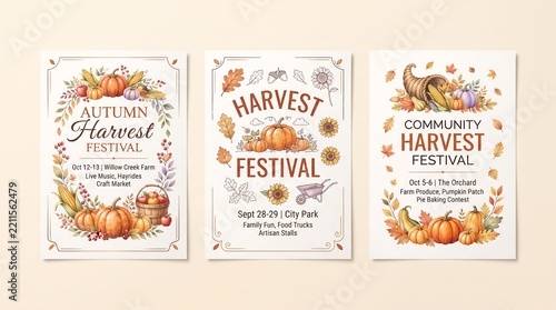 Set of three autumn harvest festival posters with watercolor pumpkins, corn, cornucopia, and fall leaves for seasonal community events