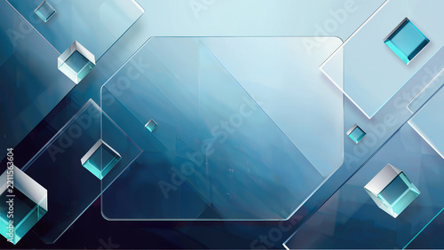 Modern abstract corporate presentation background, translucent glass geometric shapes floating in a sophisticated blue gradient environment,