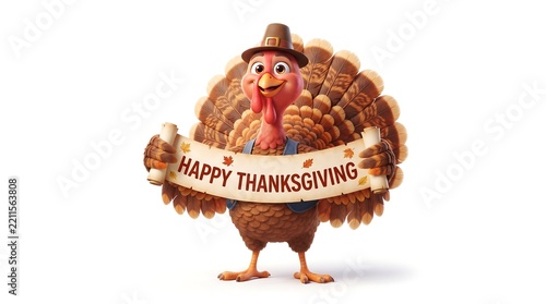Cute cartoon turkey character wearing a pilgrim hat holding a Happy Thanksgiving scroll banner isolated on white background