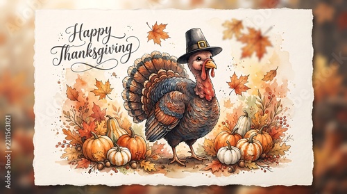 Watercolor illustration of a cute turkey wearing a pilgrim hat surrounded by pumpkins and autumn leaves for Thanksgiving greeting card