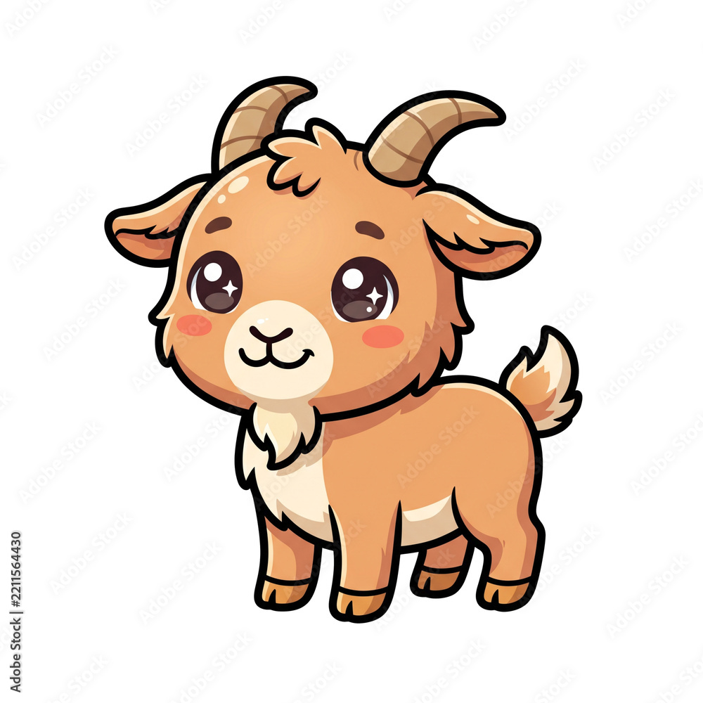Obraz premium Cute Baby Goat Cartoon: An adorable baby goat with wide, expressive eyes and small horns is depicted in a charming cartoon style, full of playful innocence and youthful energy.