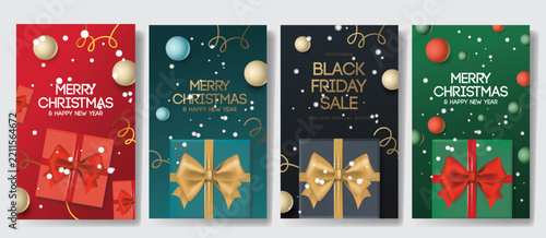Merry Christmas and Black Friday Sale set posters. Gift ribbon bow vector design illustration