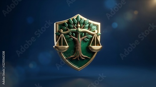Golden law scales emblem on green tree crest, justice scale symbol for legal firm branding, elegant balance icon background