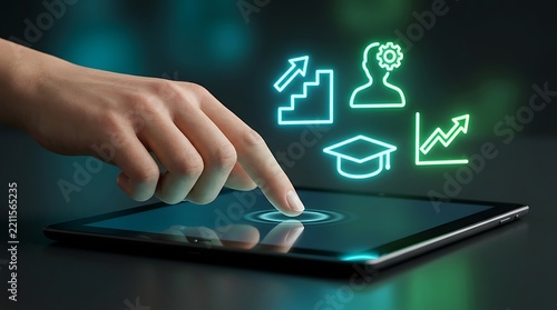 Digital education icon interface on touch screen tablet, human hand touching interactive learning display, modern online training concept