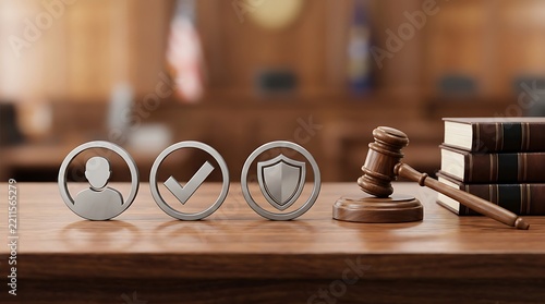 Legal justice icons with wooden judge gavel and books, law firm compliance and consumer protection concept