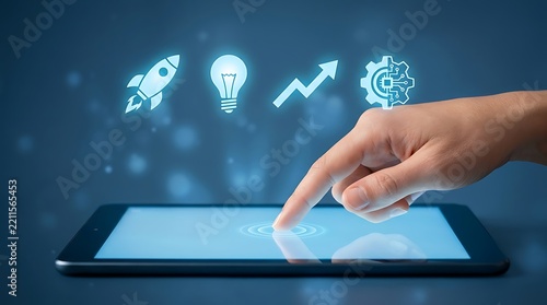 Innovative startup concept on digital tablet display, hand touching glowing business startup icons, modern technology workflow strategy
