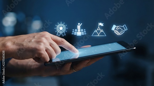 Digital corporate succession planning and leadership development tablet touch, business success milestone goals concept, blue tech interface