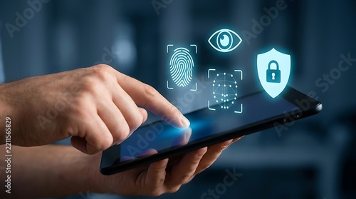 Cyber security biometrics on tablet screen, digital authentication system icons, user identity verification technology concept