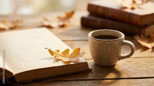 Open vintage book with single autumn leaf and cup of coffee on wood table