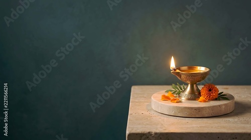 A glowing brass oil lamp diya placed on a stone pedestal with marigold flowers against a dark moody background, symbolizing peace and spirituality
