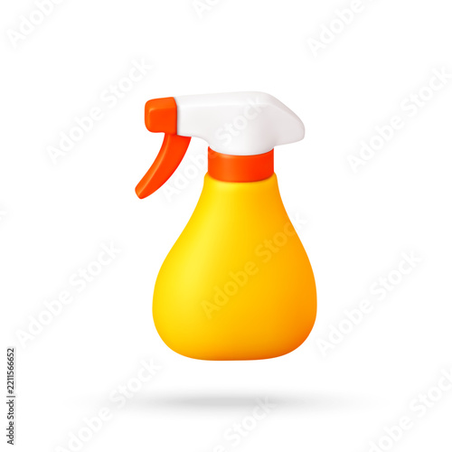 3D Bright yellow spray bottle with white and orange trigger nozzle, rendered in 3D for household cleaning and sanitation concepts. Vector illustration