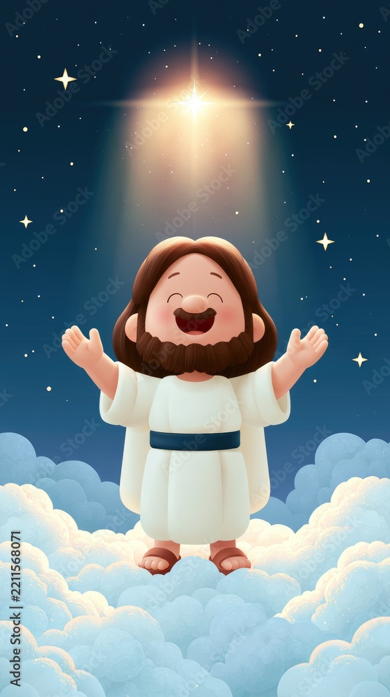 Fototapeta premium cartoon Jesus rising joyfully above the clouds in a radiant sky illustration