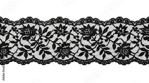 Fotografie Elegant black floral lace trim ribbon border displayed horizontally on transpare