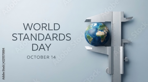 World standards day graphic with globe and measuring tape