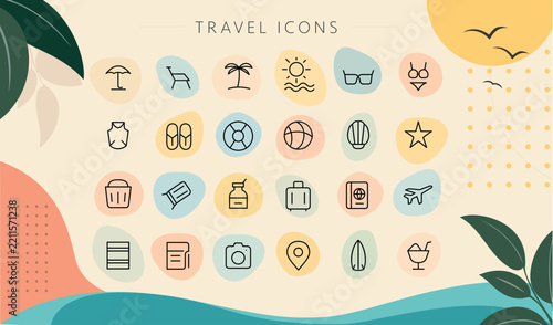 summer travel and beach vacation line icon collection
