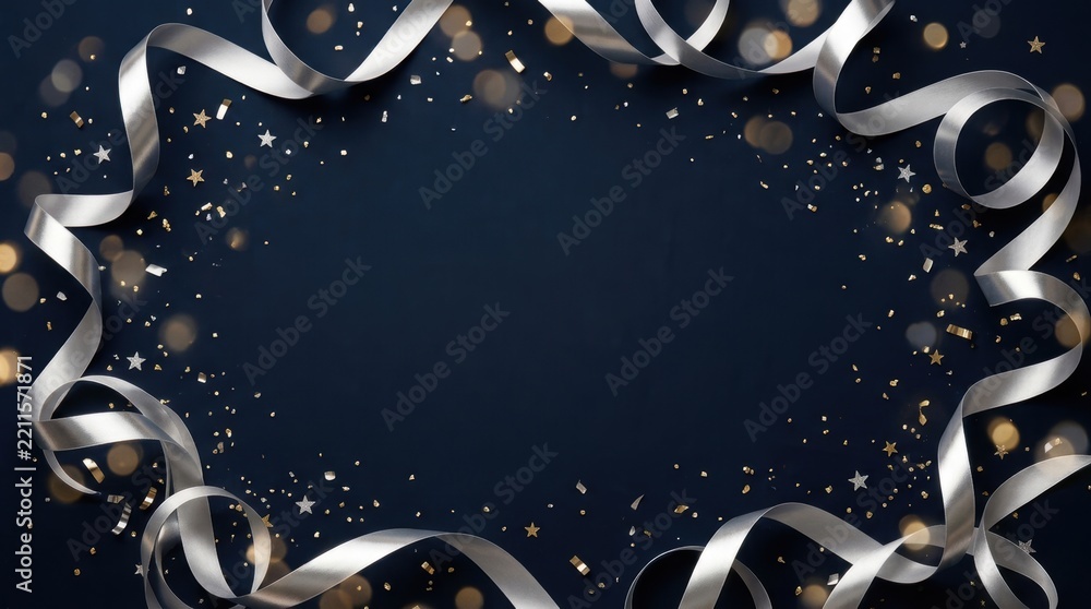 Fototapeta premium Silver ribbons and confetti framing on dark background with copy space for festive holiday celebration