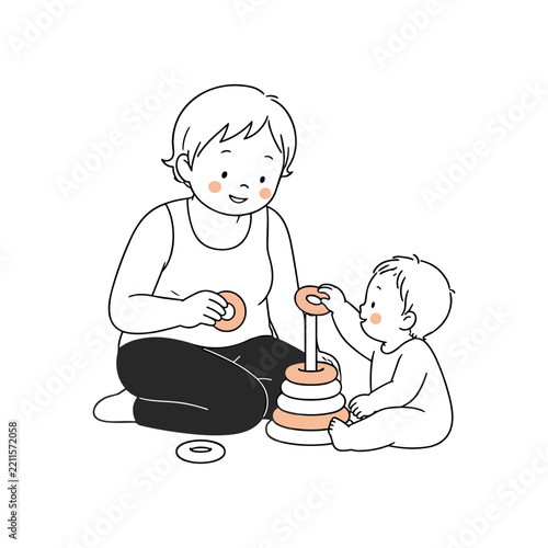 A cute line art vector illustration portrays a parent and child playing with a stacking ring toy. The educational graphic highlights toddler development, learning shapes, and early cognitive skills.