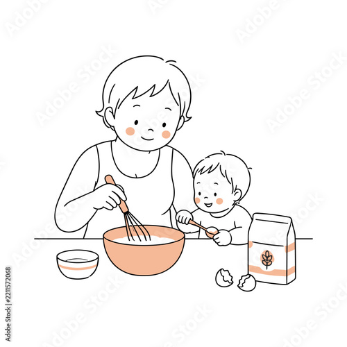 A line art vector illustration shows a parent and child baking together, mixing dough in a bowl on a kitchen table. The cozy culinary scene represents family cooking, recipes, and home baking.