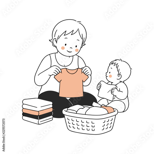 An outline vector illustration depicts a parent folding clean baby clothes next to a laundry basket. The domestic scene portrays daily household chores, baby care, and organized parenting.