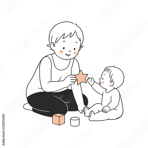 A cute line art vector illustration depicts a parent handing a toy star to an inquisitive toddler. The gentle family scene highlights early childhood development and playful interaction.