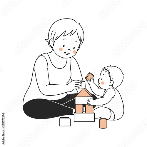 An outline illustration shows a mother sitting on the floor and playing with her baby using building blocks. The warm family scene represents early childhood education and developmental play.