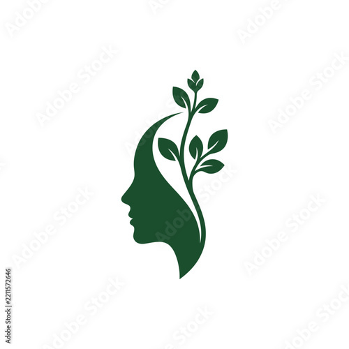 Abstract Woman Profile Silhouette with Growing Green Plant Leaves and Organic Nature Concept