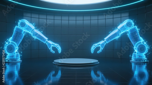 Glowing blue mechanical arms in dark space
