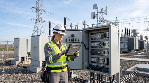 Smart Grid Technician Inspecting Electrical Control Cabinet