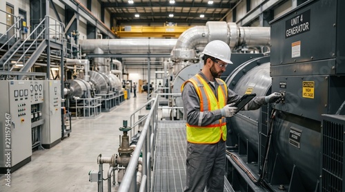 Maintenance Engineer Inspecting Industrial Generator in Power Plant