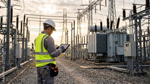 Electrical Technician Inspecting High Voltage Power Substation