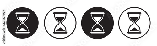 Hourglass icons in circular frames with inverted styles for sand glass timer time management concept.