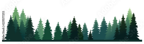 Flat illustration showing dense evergreen forest silhouette. Layered pine trees form horizontal border isolated white background. Dark green coniferous woodland graphic perfect nature design projects