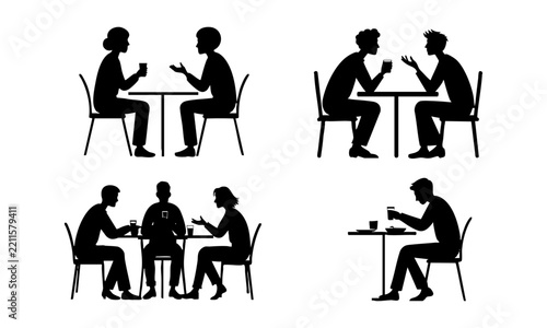 Restaurant Dining and Socializing People Silhouettes.