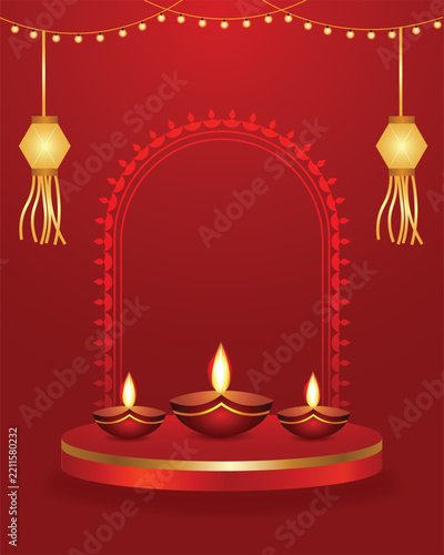 Traditional Diwali Diyas Glowing Against Elegant Red Festive Background With Decorative Golden Hanging Lamps vector poster