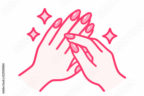 Hands with manicured nails in pink line art