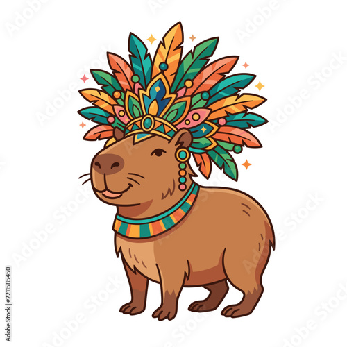 Cute capybara wearing a colorful feathered headdress and festival collar