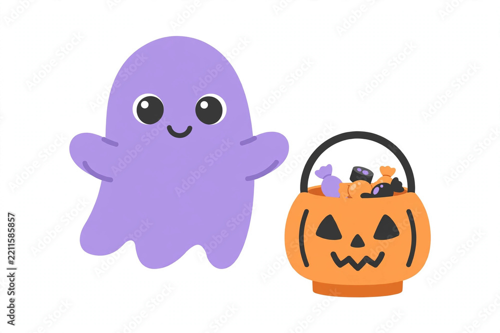 Fototapeta premium Cute friendly cartoon ghost with candy bucket flat vector clipart