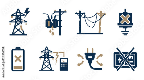 Collection of flat icons depicting damaged electrical power grid infrastructure with broken pylons transformers and hazard warning symbols