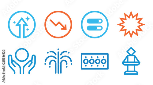 Collection of blue and orange outline icons with abstract shapes and symbols