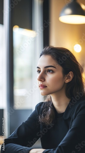 Thoughtful young woman with dark hair sitting inside restaurant looking away with soft lighting