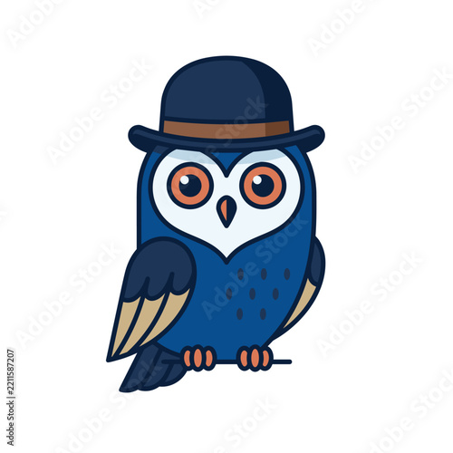Cute blue owl wearing a stylish bowler hat perched on a branch with big orange eyes