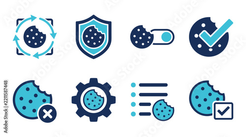 Cookie consent icons and data privacy policy symbols set in blue tones for web design and internet security settings