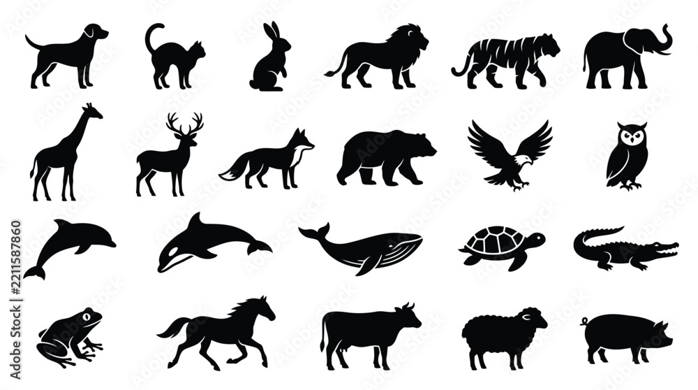 Fototapeta premium Collection of animal silhouettes including a dog lion and whale presented in black fauna