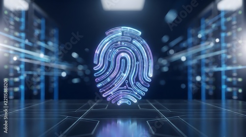 Futuristic digital fingerprint icon for biometric security in a server room