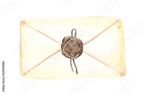 Watercolor cream envelope with a central brown wax seal and hanging cord, isolated on white for wedding invitations, romantic stationery, branding, and historical mail concepts. Part of a coordinated