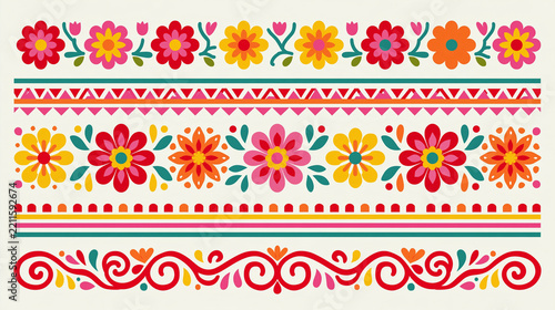 Colorful geometric patterns celebrating national hispanic heritage month with vibrant floral designs and intricate floral swirls geometric borders combined with folk flowers